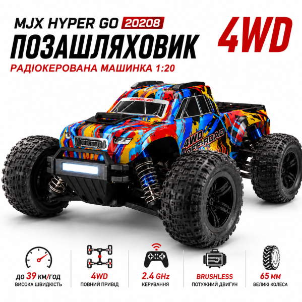Машинка на радиоуправлении MJX HYPER GO 20208 4WD 1:20 до 39 км/ч, Бесколлекторная RC машинка  внедорожник на пульт