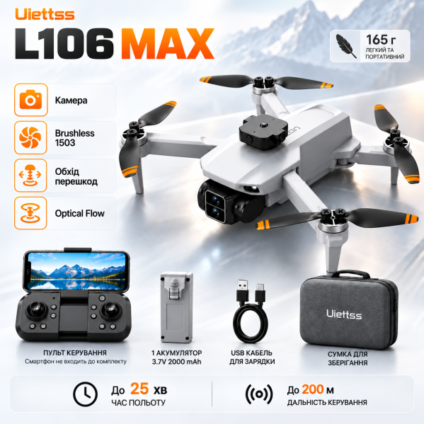 Квадрокоптер LYZRC L106 MAX 1080P — Brushless 1503, Optical Flow, обход помех 360°, до 25 мин