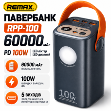 Повербанк REMAX RPP-100 60000 мАч Power Bank с LED-дисплеем, внешний аккумулятор 2 USB, Type-C, Micro USB, для смартфона, планшета
