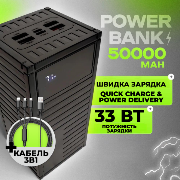 Powerbank Павербанк повербанк 50000 mAh с быстрой зарядкой 22.5W |3USB/Type-C, QC22.5W+PD20W| + подарок 