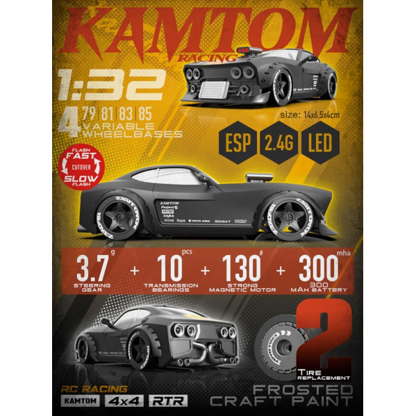 Радиоуправляемая дрифт-машинка KANTOM 4WD Drift Racer 1/32 с LED фарами и регулируемой колесной базой Радиоуправляемая дрифт-машинка KANTOM 4WD Drift Racer 1/32 с LED фарами и регулируемой колесной базой