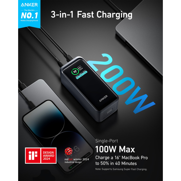 Павербанк Anker A1336 — Power Bank 20000 мА·ч 200 Вт Быстрая зарядка ноутбуков (USB-C 100 Вт, USB-A 65 Вт), LCD-экран Павербанк Anker A1336 — Power Bank 20000 мА·ч 200 Вт Быстрая зарядка ноутбуков (USB-C 100 Вт, USB-A 65 Вт), LCD-экран