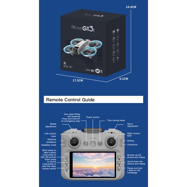 Дрон GT3 Max 2K — квадрокоптер з FPV, пультом з дисплеєм та 360° захистом, 2 акумулятори