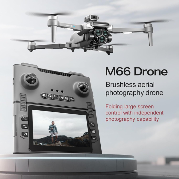Квадрокоптер M66 MAX с пультом и экраном, FPV, двойная камера, бесщеточные моторы, складной дрон