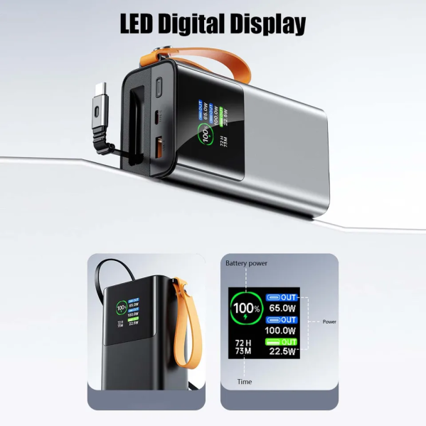 Повербанк Power Bank PQ1000 27000 мАч PD 100W с выдвижным Type-C — быстрая зарядка ноутбуков