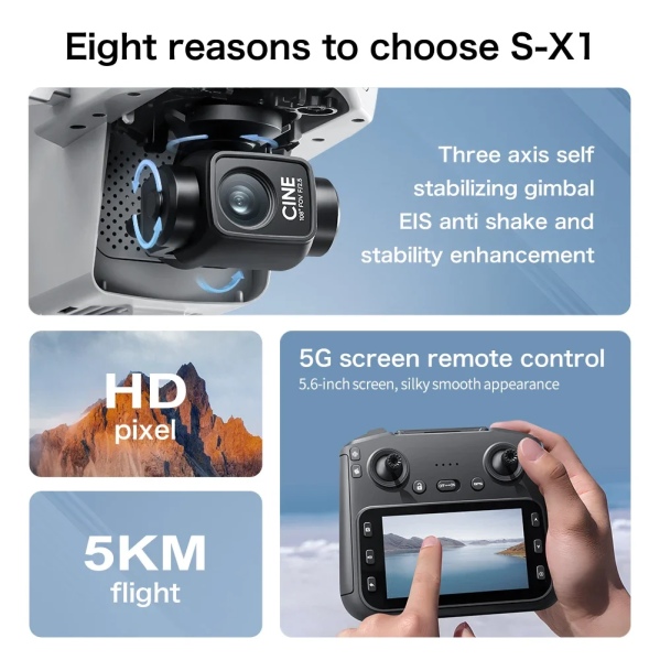 Квадрокоптер S-X1 Max с GPS и 4K камерой, пульт с экраном, EIS, 5G Wi-Fi, до 3 км