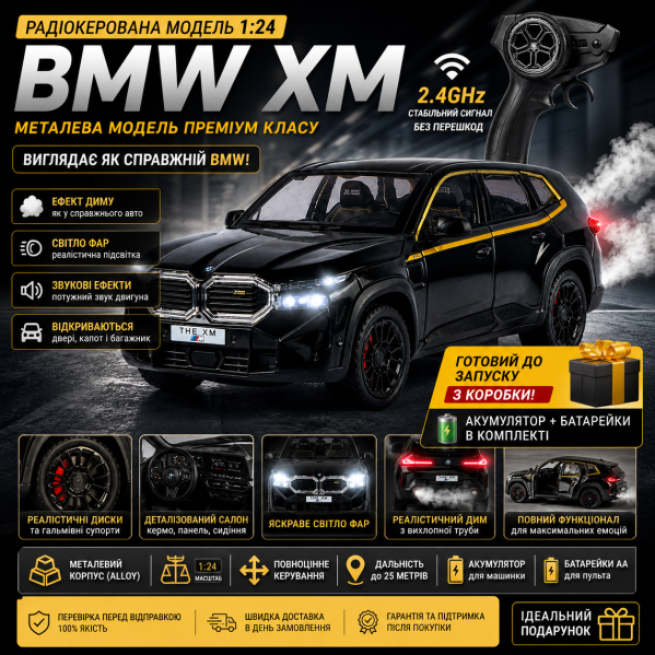 Радиоуправляемая машинка BMW XM 1:24 — металлическая RC модель, свет, звук, дым, открываются двери, 2.4GHz пульт, подарочная