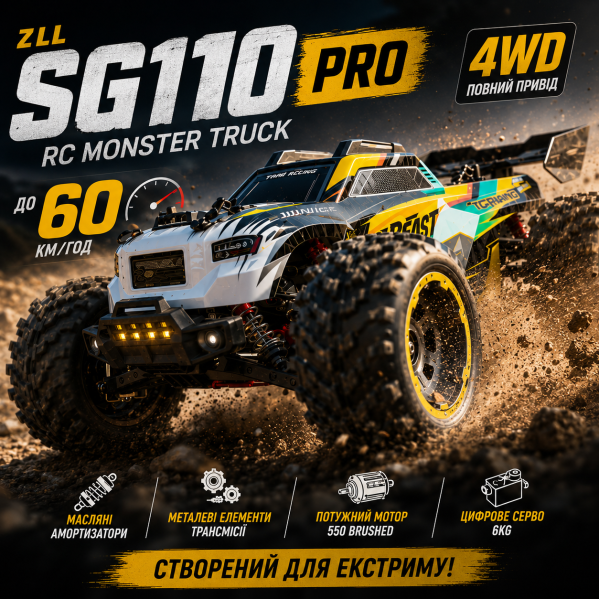 Машинка на радиоуправлении ZLL SG110 PRO 4WD 1:10 RC Monster Truck внедорожник, скоростная RC машинка на пульте  до 60 км/ч