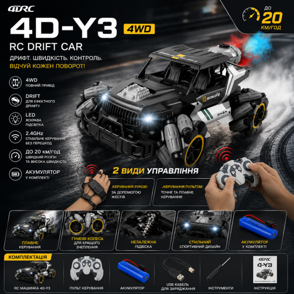 Машинка на радиоуправлении 4D-Y3 4WD с управлением рукой и пультом, RC Drift Car с LED подсветкой, дрифт авто для детей