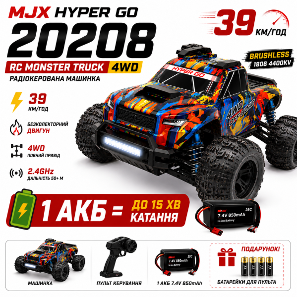 Машинка на радиоуправлении MJX HYPER GO 20208 4WD 1:20 до 39 км/ч | Бесколлекторная RC машинка | Скоростной внедорожник на пульте