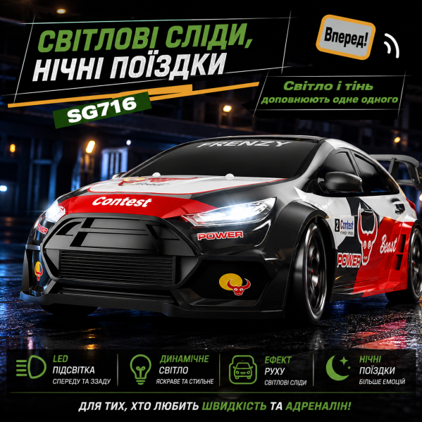 Машинка на радиоуправлении ZLL SG716 1:24 4WD, RC дрифт авто на пульте, спортивный автомобиль до 20 км/ч, LED подсветка