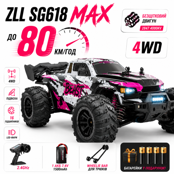 Радиоуправляемая машинка ZLL SG618 MAX 1:16 4WD до 80 км/ч, Brushless RC монстр-трак, внедорожник на пульте, полный привод