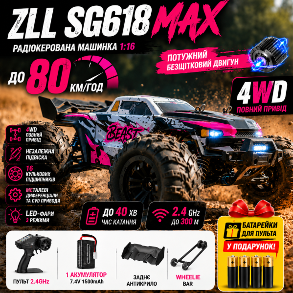 Радиоуправляемая машинка ZLL SG618 MAX 1:16 4WD до 80 км/ч, Brushless RC монстр-трак, внедорожник на пульте, полный привод