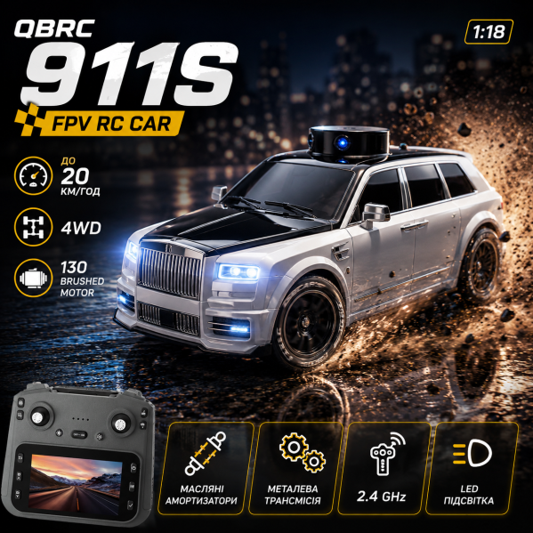 Радиоуправляемая машинка Rolls-Royce Cullinan FPV 1:18 4WD с камерой 720P, экраном 4.5", Wi-Fi, дрифт, 20 км/ч, 2 комплекта колес