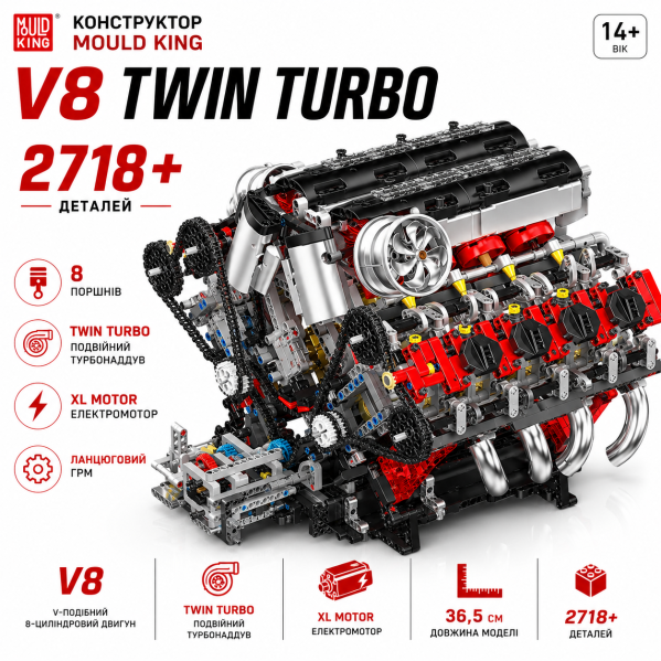 Конструктор двигатель V8 Mould King 10130 с электромотором 2718 деталей  модель двигателя V8 Twin Turbo, механический двигатель,