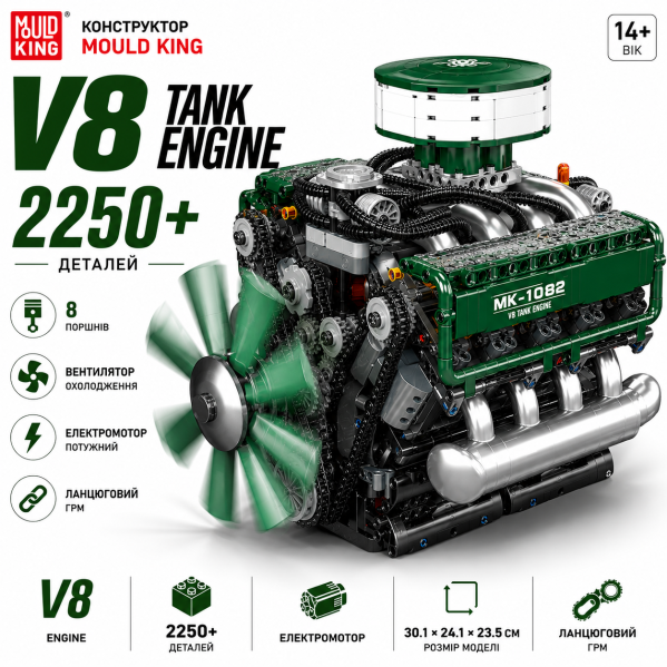 Конструктор двигатель танка V8 Mould King 10182 с электромотором 2250 деталей модель двигателя V8, механический двигатель