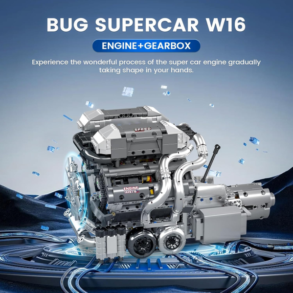 Конструктор двигатель гиперкара W16 Mould King 10201 с электромотором 2024 детали модель двигателя W16 Twin Turbo с коробкой перед Конструктор двигатель гиперкара W16 Mould King 10201 с электромотором 2024 детали модель двигателя W16 Twin Turbo с коробкой перед