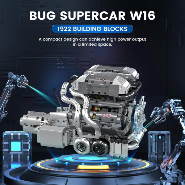 Конструктор двигатель гиперкара W16 Mould King 10201 с электромотором 2024 детали модель двигателя W16 Twin Turbo с коробкой перед Конструктор двигатель гиперкара W16 Mould King 10201 с электромотором 2024 детали модель двигателя W16 Twin Turbo с коробкой перед