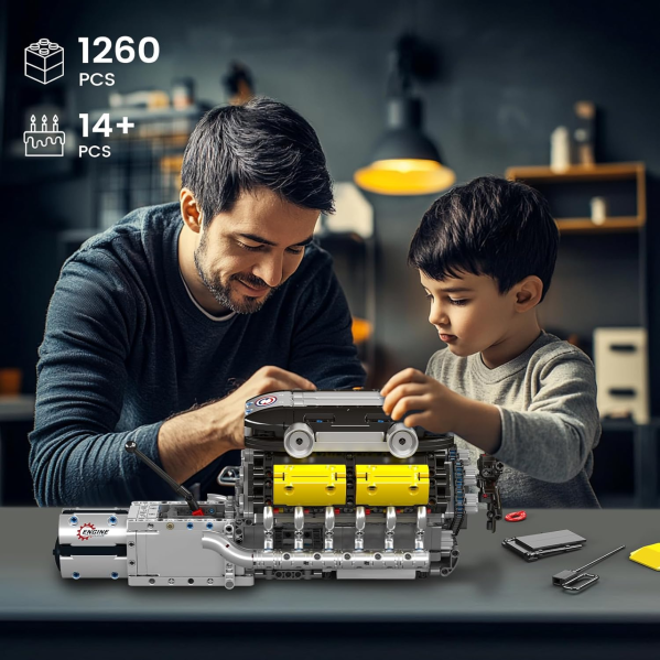 Конструктор двигатель V12 Mould King 10202 с электромотором 1260 деталей модель двигателя V12 с коробкой передач, STEM конструктор Конструктор двигатель V12 Mould King 10202 с электромотором 1260 деталей модель двигателя V12 с коробкой передач, STEM конструктор