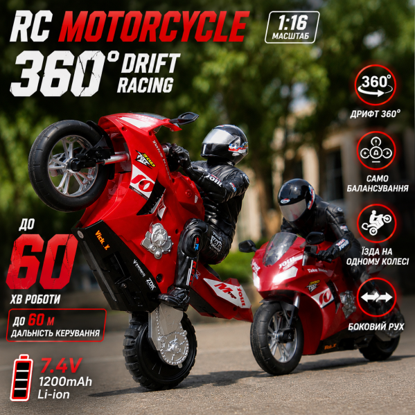 Радиоуправляемый мотоцикл 1:16 RC Motorcycle 360 Drift Racing на пульте управления, дрифт 360°, самобалансировка, аккумулятор