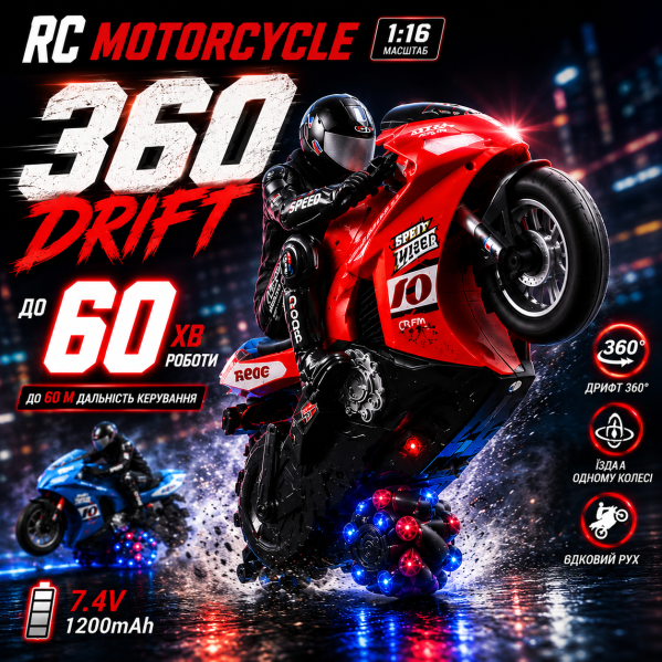 Радиоуправляемый мотоцикл 1:16 RC Motorcycle 360 Drift Racing на пульте управления, дрифт 360°, самобалансировка, аккумулятор Радиоуправляемый мотоцикл 1:16 RC Motorcycle 360 Drift Racing на пульте управления, дрифт 360°, самобалансировка, аккумулятор