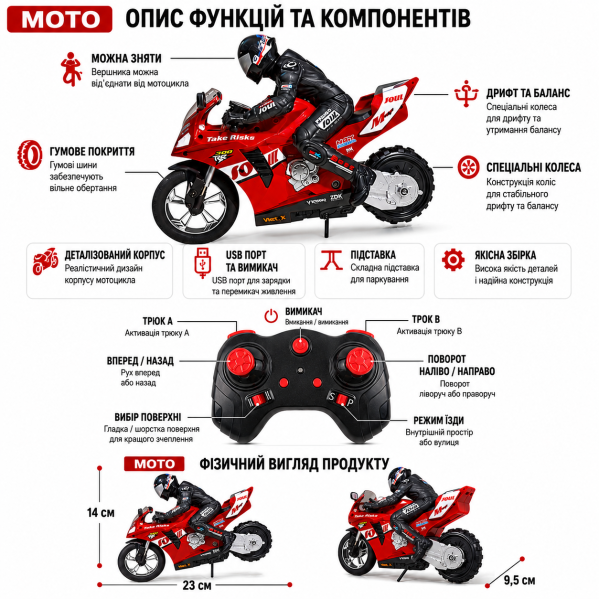 Радиоуправляемый мотоцикл 1:16 RC Motorcycle 360 Drift Racing на пульте управления, дрифт 360°, самобалансировка, аккумулятор Радиоуправляемый мотоцикл 1:16 RC Motorcycle 360 Drift Racing на пульте управления, дрифт 360°, самобалансировка, аккумулятор