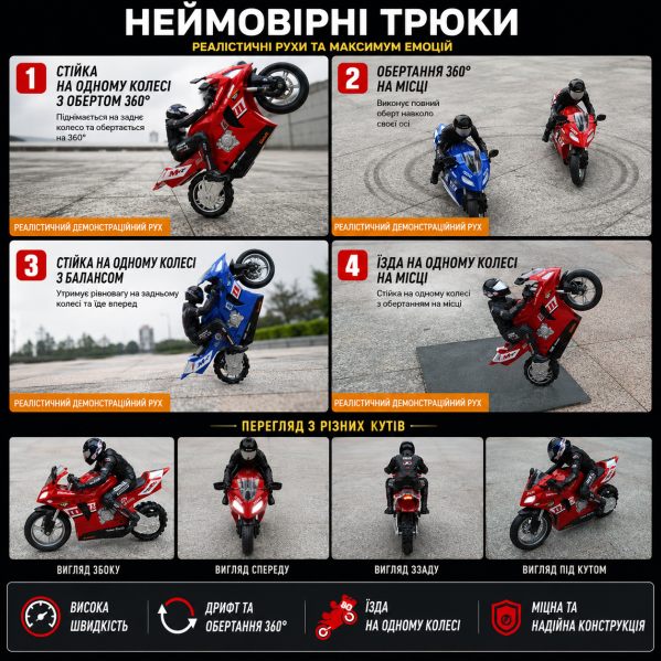 Радиоуправляемый мотоцикл 1:16 RC Motorcycle 360 Drift Racing на пульте управления, дрифт 360°, самобалансировка, аккумулятор Радиоуправляемый мотоцикл 1:16 RC Motorcycle 360 Drift Racing на пульте управления, дрифт 360°, самобалансировка, аккумулятор