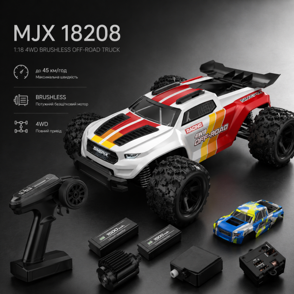 Радиоуправляемая машинка MJX HYPER GO 18208 1:18 4WD до 45 км/ч, RC внедорожник на пульте управления, металлическая трансмиссия, 2 Радиоуправляемая машинка MJX HYPER GO 18208 1:18 4WD до 45 км/ч, RC внедорожник на пульте управления, металлическая трансмиссия, 2