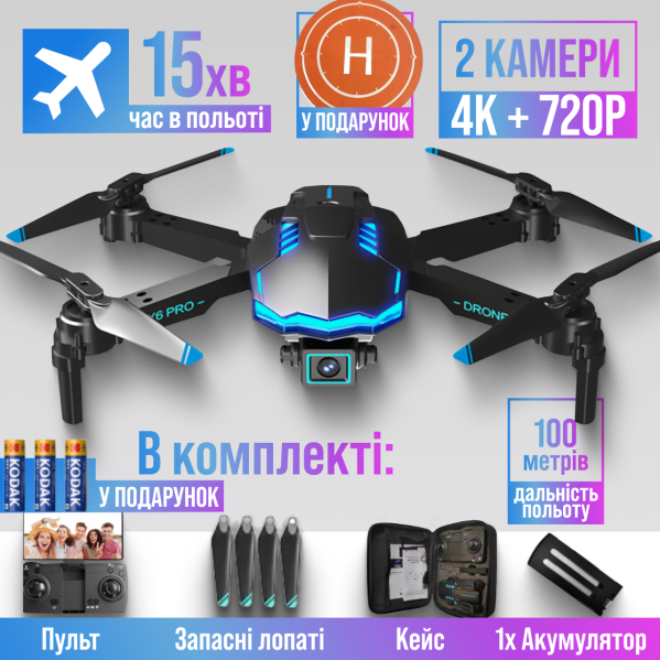 Квадрокоптер c камерой X6 c подсветкой 4K, Wifi FPV детский дрон с защитой на лопасти до 15 мин. полета + кейс Квадрокоптер c камерой X6 c подсветкой 4K, Wifi FPV детский дрон с защитой на лопасти до 15 мин. полета + кейс