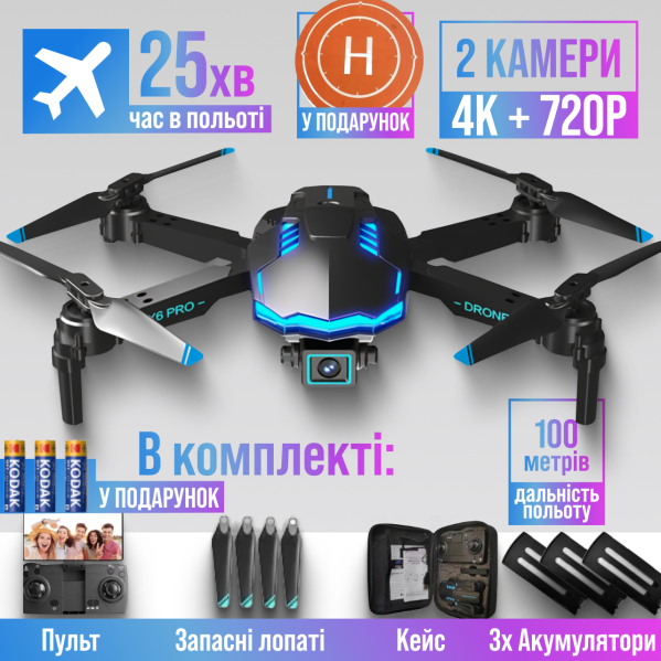 Квадрокоптер с камерой для ребенка X6, дрон HD FPV, до 100 м, до 30 мин полета, 3 аккумулятора + кейс и батарейки