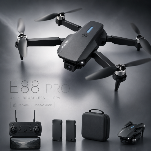 Квадрокоптер E88 EVO с камерой 4K HD FPV, бесщеточные моторы, до 150 м, до 20 мин полёта, кейс, 2 аккумулятора