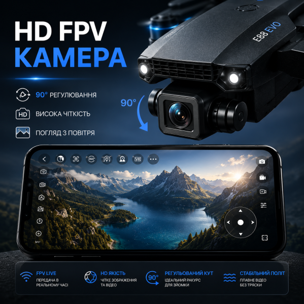 Квадрокоптер E88 EVO с камерой 4K HD FPV, бесщеточные моторы, до 150 м, до 20 мин полёта, кейс, 2 аккумулятора Квадрокоптер E88 EVO с камерой 4K HD FPV, бесщеточные моторы, до 150 м, до 20 мин полёта, кейс, 2 аккумулятора