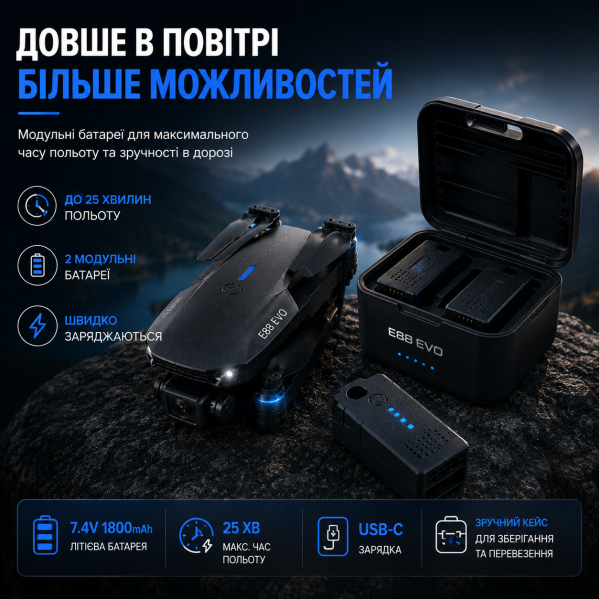 Квадрокоптер E88 EVO с камерой 4K HD FPV, бесщеточные моторы, до 150 м, до 20 мин полёта, кейс, 2 аккумулятора Квадрокоптер E88 EVO с камерой 4K HD FPV, бесщеточные моторы, до 150 м, до 20 мин полёта, кейс, 2 аккумулятора