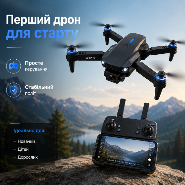Квадрокоптер E88 EVO с камерой 4K HD FPV, бесщеточные моторы, до 150 м, до 20 мин полёта, кейс, 2 аккумулятора Квадрокоптер E88 EVO с камерой 4K HD FPV, бесщеточные моторы, до 150 м, до 20 мин полёта, кейс, 2 аккумулятора