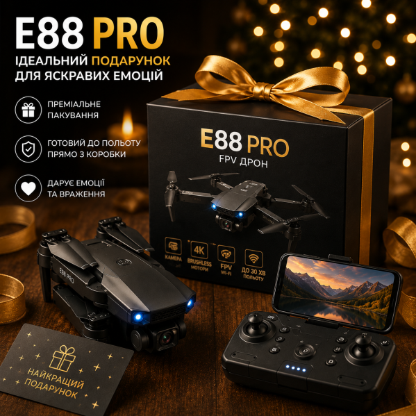 Квадрокоптер E88 EVO с камерой 4K HD FPV, бесщеточные моторы, до 150 м, до 20 мин полёта, кейс, 2 аккумулятора Квадрокоптер E88 EVO с камерой 4K HD FPV, бесщеточные моторы, до 150 м, до 20 мин полёта, кейс, 2 аккумулятора