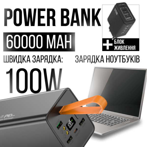 УМБ Power bank повербанк PowerBank 100w 60000 mAh, с быстрой зарядкой + для ноутбука + подарок ЗСУ