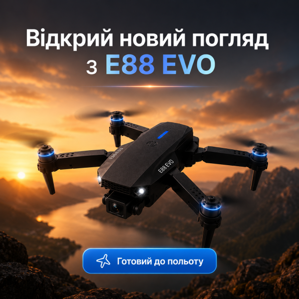 Квадрокоптер E88 PRO 4K FPV дрон с камерой бесщеточный складной WiFi до 150 м для начинающих и детей 2 АКБ Квадрокоптер E88 PRO 4K FPV дрон с камерой бесщеточный складной WiFi до 150 м для начинающих и детей 2 АКБ