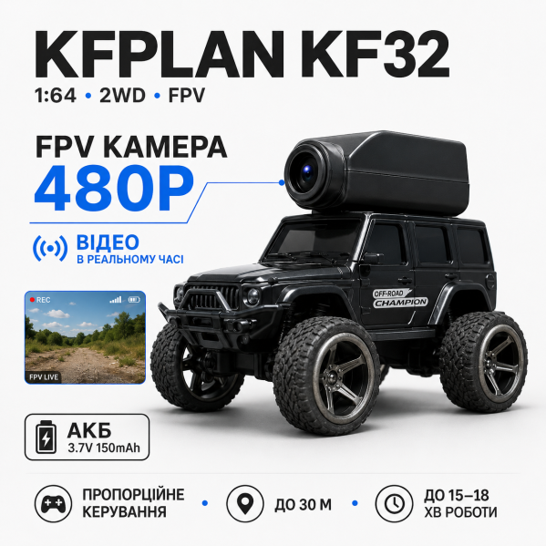 Радиоуправляемая машинка KFPLAN KF32 1:64 2WD с камерой 480P, мини RC FPV внедорожник на пульте 2.4GHz, аккумулятор 150mAh