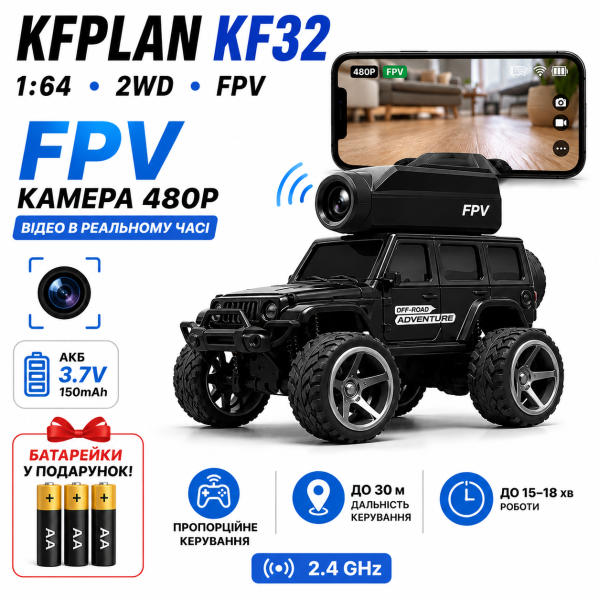Мини-машина на радиоуправлении KFPLAN KF32 1:64 с FPV камерой 480P, RC авто 2WD на пульте 2.4GHz, пропорциональное управление
