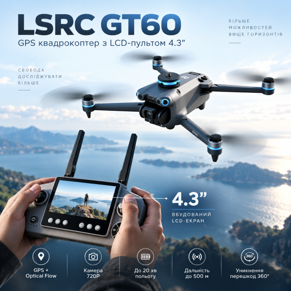 Квадрокоптер LSRC GT60 GPS с камерой 720P Brushless дрон с экраном 4.3", Optical Flow, избегание помех, автовозврат до 500 м Квадрокоптер LSRC GT60 GPS с камерой 720P Brushless дрон с экраном 4.3", Optical Flow, избегание помех, автовозврат до 500 м
