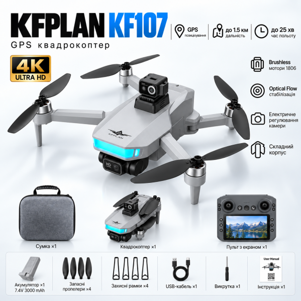 Квадрокоптер KFPLAN KF107 4K GPS складной дрон с камерой, пультом с экраном, Optical Flow, автовозвратом, до 1.5 км, аккум 3000 mA