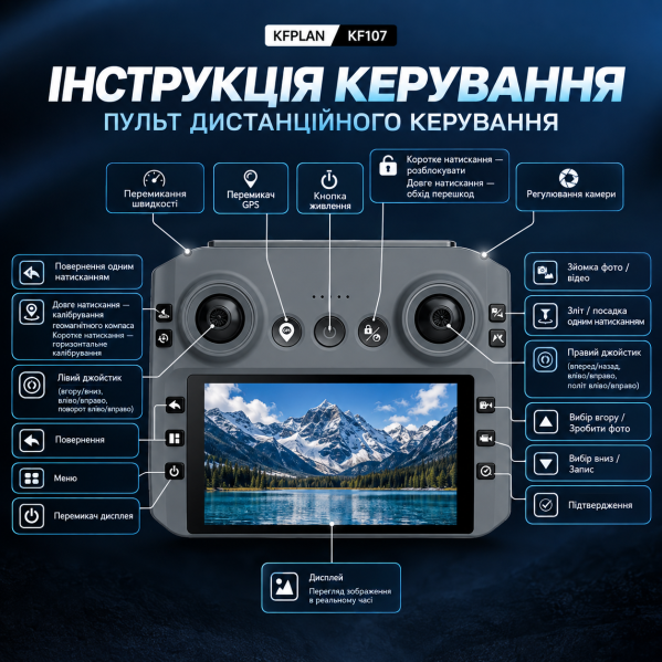 Квадрокоптер KFPLAN KF107 4K GPS складной дрон с камерой, пультом с экраном, Optical Flow, автовозвратом, до 1.5 км, аккум 3000 mA Квадрокоптер KFPLAN KF107 4K GPS складной дрон с камерой, пультом с экраном, Optical Flow, автовозвратом, до 1.5 км, аккум 3000 mA