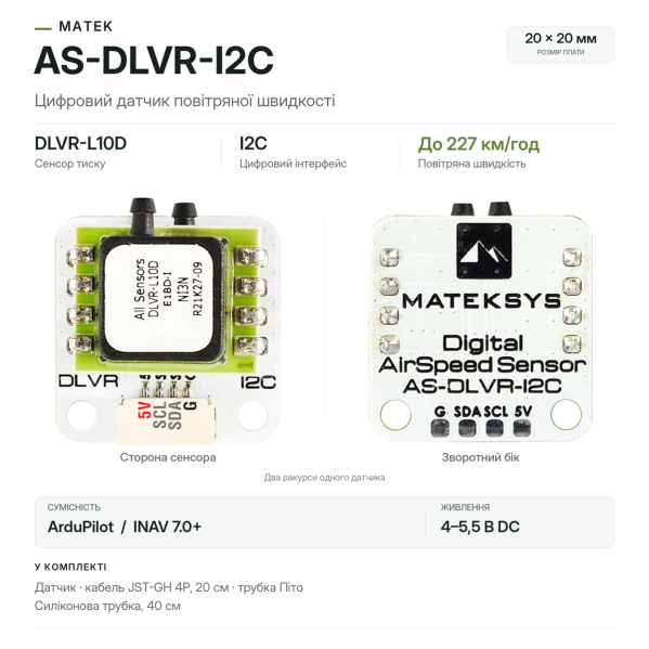 Цифровой датчик воздушной скорости Matek AS-DLVR-I2C для БПЛА и RC самолётов — сенсор DLVR-L10D, I2C, трубка Пито, ArduPilot, INAV Цифровой датчик воздушной скорости Matek AS-DLVR-I2C для БПЛА и RC самолётов — сенсор DLVR-L10D, I2C, трубка Пито, ArduPilot, INAV