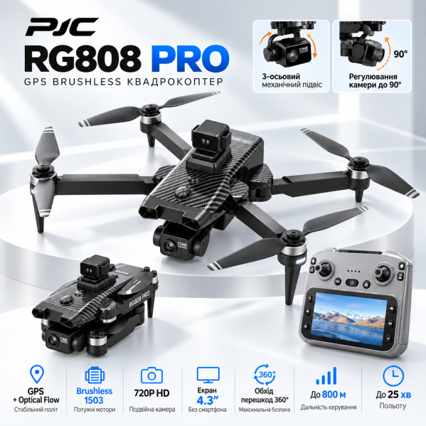 Квадрокоптер RG808 PRO с камерой 720P GPS Brushless дрон, 3-осевой подвес EIS, пульт с экраном 4.3”, Optical Flow, обход помех 360