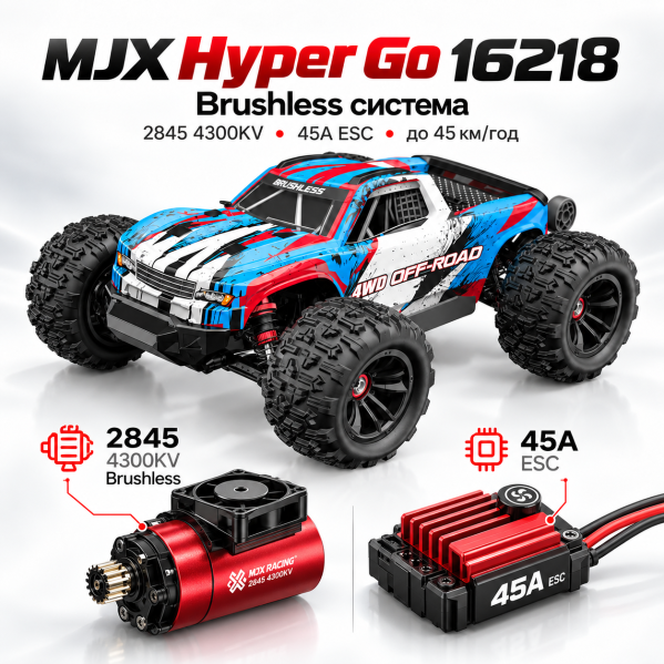 Радиоуправляемая машинка MJX Hyper Go 16218 1:16 4WD Brushless до 45 км/ч RC монстр-трак, АКБ 2000mAh, масляные амортизаторы, мета Радиоуправляемая машинка MJX Hyper Go 16218 1:16 4WD Brushless до 45 км/ч RC монстр-трак, АКБ 2000mAh, масляные амортизаторы, мета