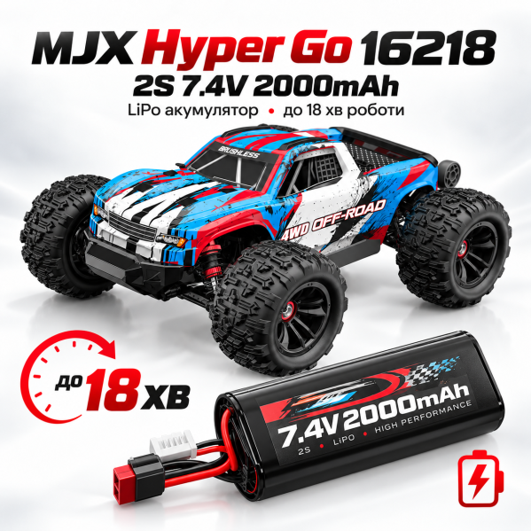 Радиоуправляемая машинка MJX Hyper Go 16218 1:16 4WD Brushless до 45 км/ч RC монстр-трак, АКБ 2000mAh, масляные амортизаторы, мета Радиоуправляемая машинка MJX Hyper Go 16218 1:16 4WD Brushless до 45 км/ч RC монстр-трак, АКБ 2000mAh, масляные амортизаторы, мета
